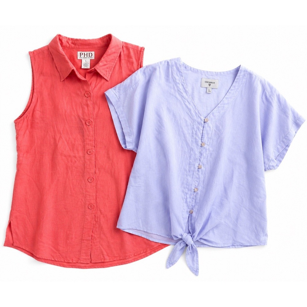 Set 2 Blouse Cremieux Size L Lavender V Neck Tie Front Top & PHD Coral Linen